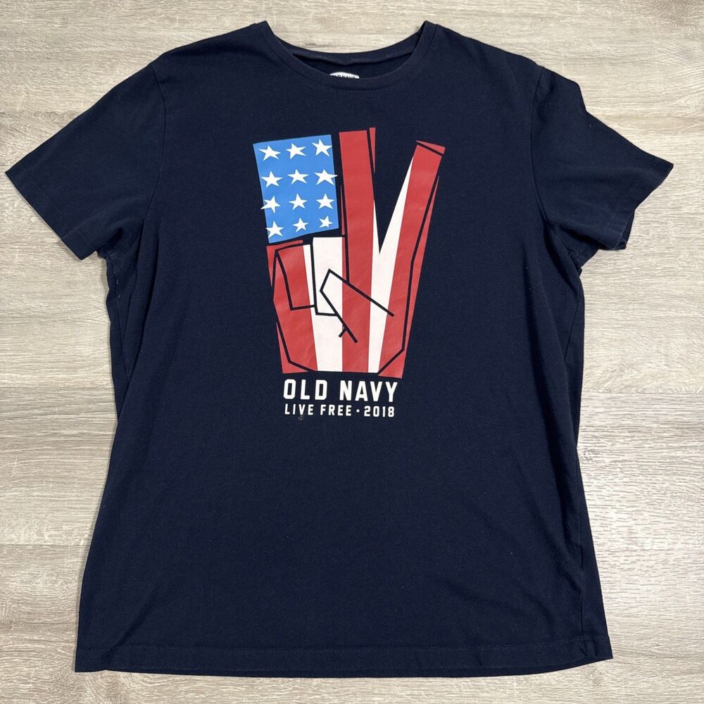 Old Navy Shirt Men’s Medium Blue Live Free 2018 American Flag Peace Sign